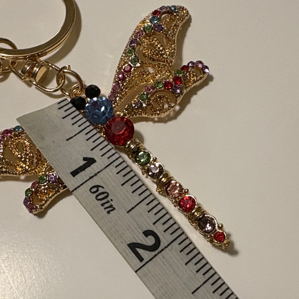 Gold Dragonfly Keychain with Multicolor Crystals - Picture 4 of 9